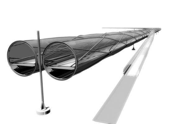 The Bike Tube has a small ground footprint (the support column) and features two "carriageways" of tubes, one in each direction, just as in a motorway for cars. The NE Lincs Bike Tube would incorporate solar panels along the ceiling of each tube, and could be screened when passing through sensitive areas by tall trees such as Poplars.